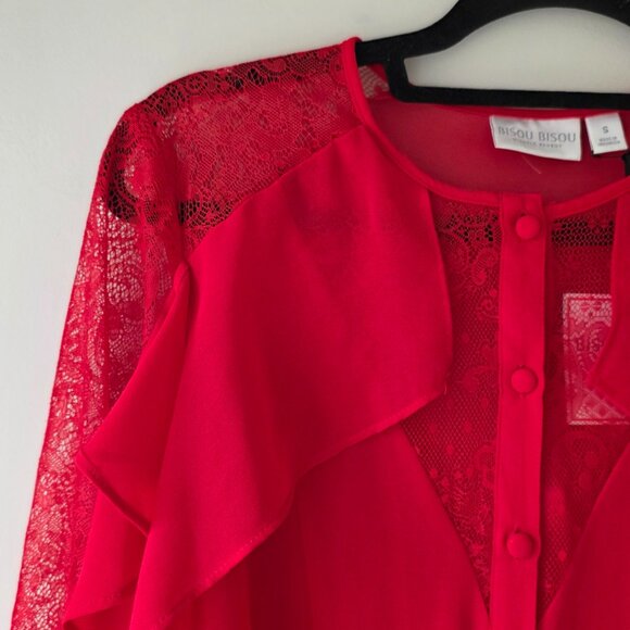 BISOU BISOU Red Ruffle and Lace Blouse | S | Sheer Button Down Round Neck NEW - Picture 2 of 9